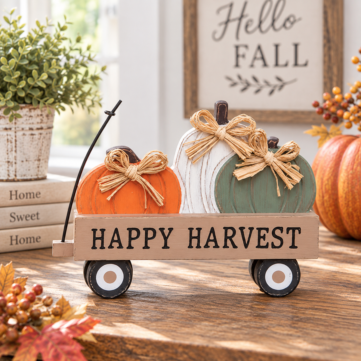 A decorative wooden cart sign reading “HAPPY HARVEST” with three painted pumpkins on a rustic wooden table in a fall-themed setting. The cart has black wheels and a black handle, and the pumpkins are orange, white, and sage green with tan rope bows.