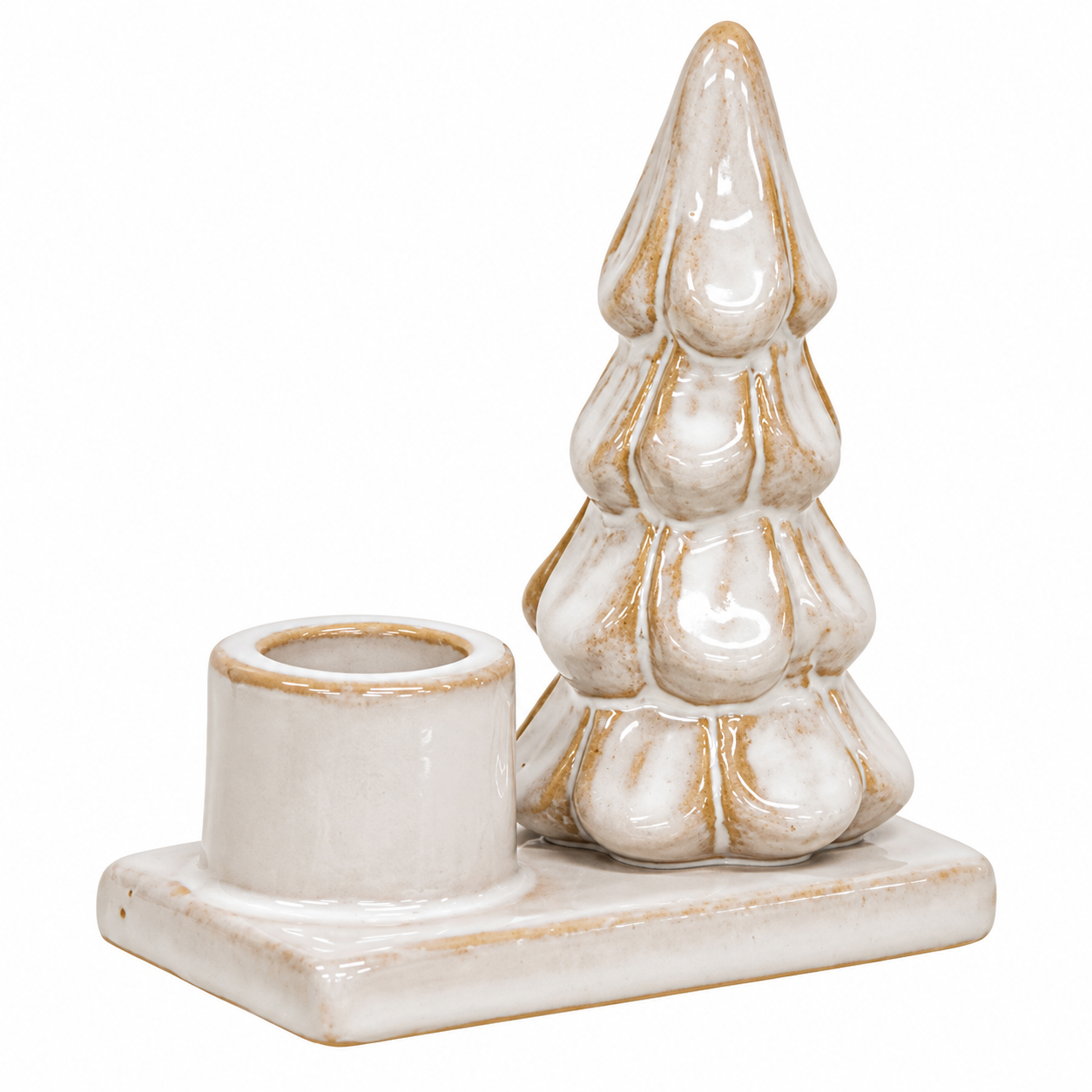 A ceramic Christmas tree candle holder with a matching cylindrical candle cup on a rectangular base, featuring a glossy off-white glaze with subtle gold-toned distressing, set against a plain white background.