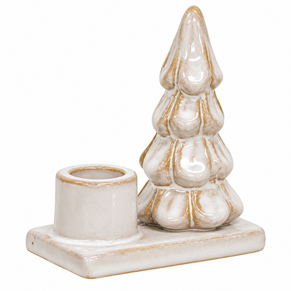 A ceramic Christmas tree candle holder with a matching cylindrical candle cup on a rectangular base, featuring a glossy off-white glaze with subtle gold-toned distressing, set against a plain white background.