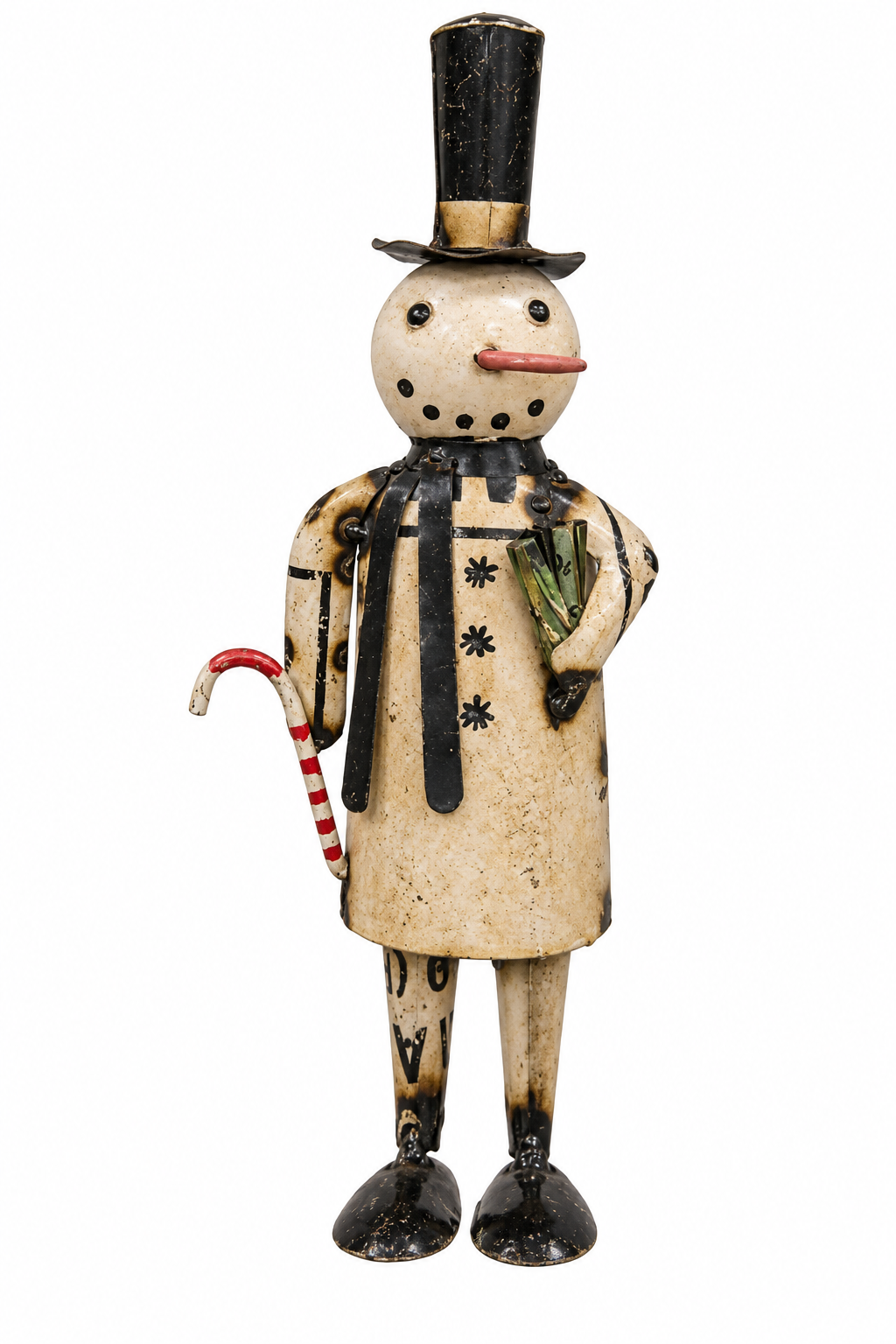 A vintage-style painted snowman figurine holding a red and white striped candy cane, isolated on a white background.