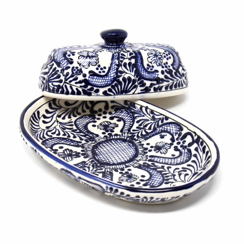 Handmade Pottery Butter Dish – Blue Floral Mexican Ceramic