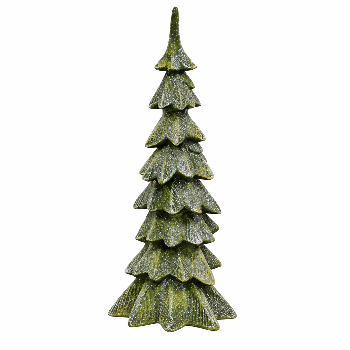A decorative tiered Christmas tree sculpture with a textured, weathered green and brown finish, isolated on a white background.