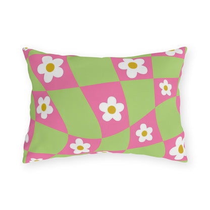 Cheerful floral lumbar pillow featuring pink and green flower pattern on a durable outdoor fabric