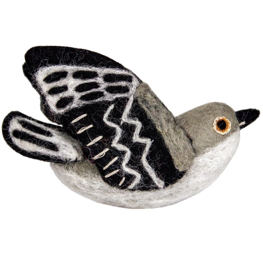 Hand-felted wool mockingbird ornament, handcrafted in Nepal, eco-friendly and Fair Trade, perfect for garden decor, birdwatchers, and nature lovers.