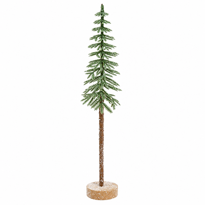 Slender tabletop evergreen tree with sparse layered green pine branches lightly dusted with faux snow, a long textured brown trunk, and a small round snow-dusted natural wood base, shown against a clean white background.