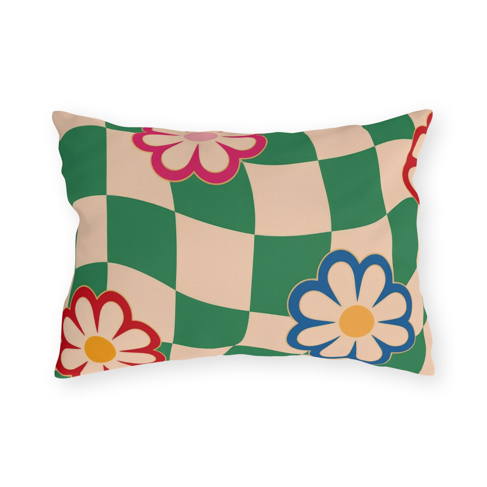 Outdoor patio cushion in a colorful floral pattern, designed for durability and garden seating comfort