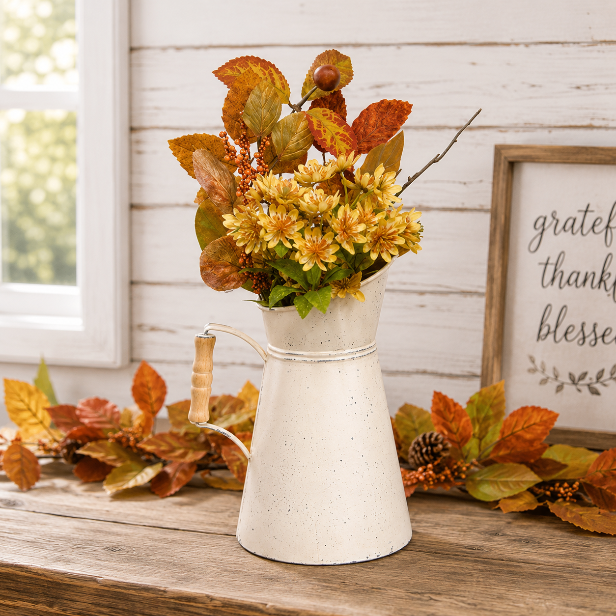 A rustic white speckled metal pitcher vase filled with yellow and orange autumn flowers, styled on a wooden table with fall leaves, a pinecone, and a framed sign against a white wood paneled wall.