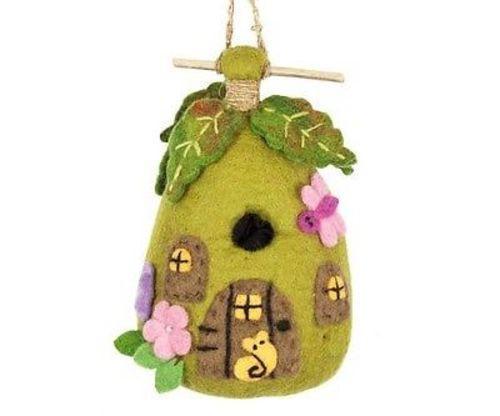 Handmade felt birdhouse fairy house, eco-friendly wool nesting home for small birds, Fair Trade garden decor, sustainable outdoor hanging bird shelter, handcrafted Nepalese felted wool birdhouse.