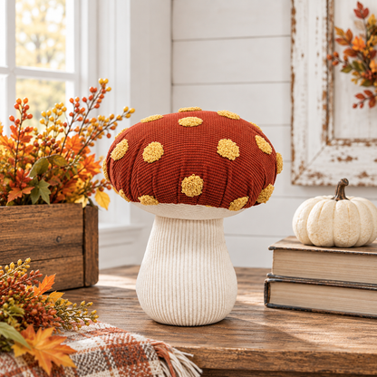 A mushroom-shaped decorative pillow with a rust red textured cap featuring yellow polka dots and a ribbed off-white stem, styled on a wooden table in a cozy autumn-themed room setting.