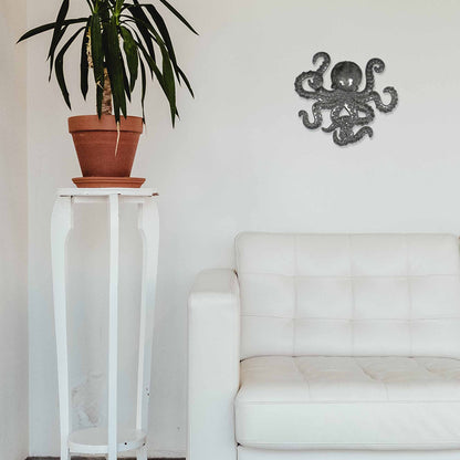 Hand-cut upcycled steel octopus sculpture with nautical theme