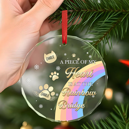 A close-up view of the Rainbow Bridge memorial ornament hanging from a Christmas tree, showcasing its personalized design as a heartfelt tribute to a beloved pet.