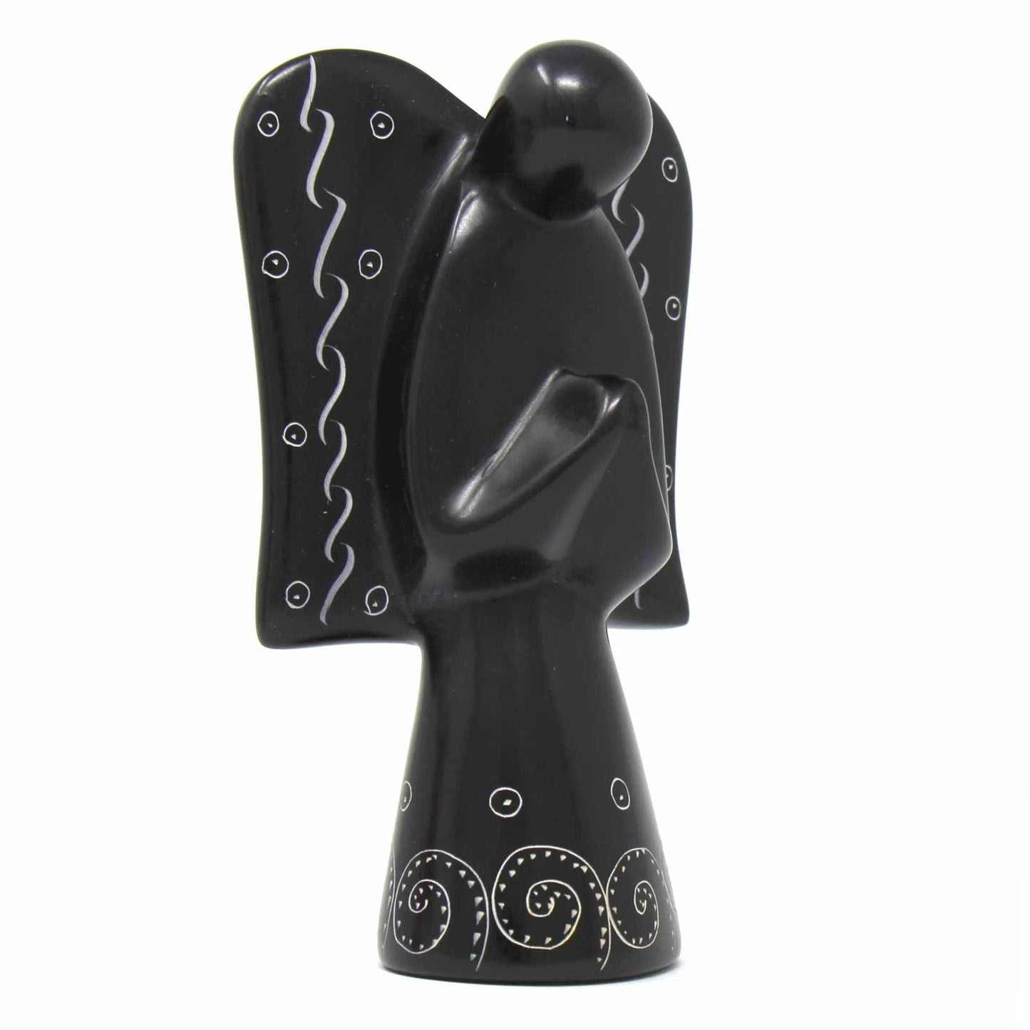 Hand-carved soapstone angel sculpture with black finish and etched detailing