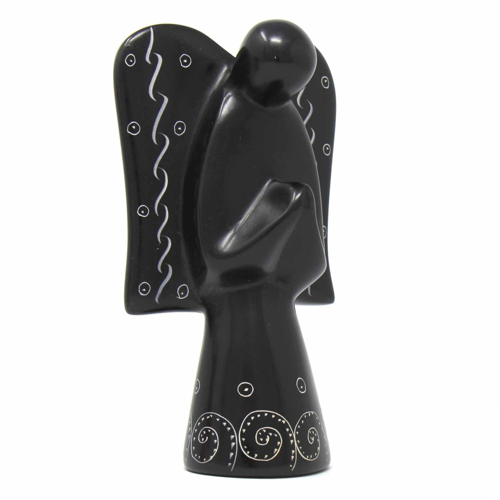 Hand-carved soapstone angel sculpture with black finish and etched detailing