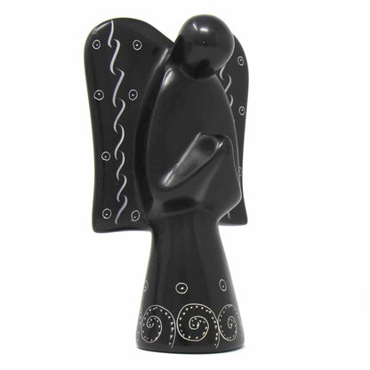 Hand-carved soapstone angel sculpture with black finish and etched detailing
