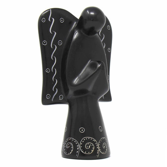 Hand-carved soapstone angel sculpture with black finish and etched detailing