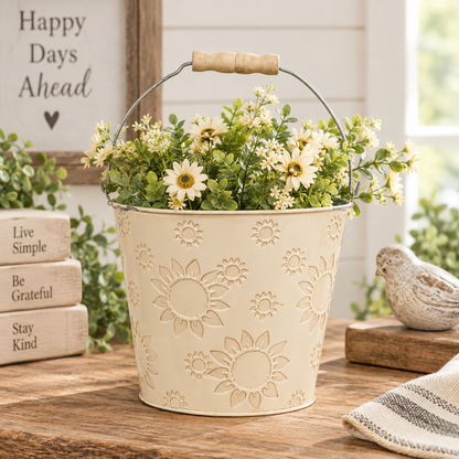 A cream-colored metal bucket planter with embossed sunflower patterns, filled with artificial daisies and greenery, displayed on a rustic wooden table in a bright, styled room setting.