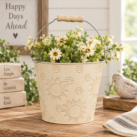 A cream-colored metal bucket planter with embossed sunflower patterns, filled with artificial daisies and greenery, displayed on a rustic wooden table in a bright, styled room setting.