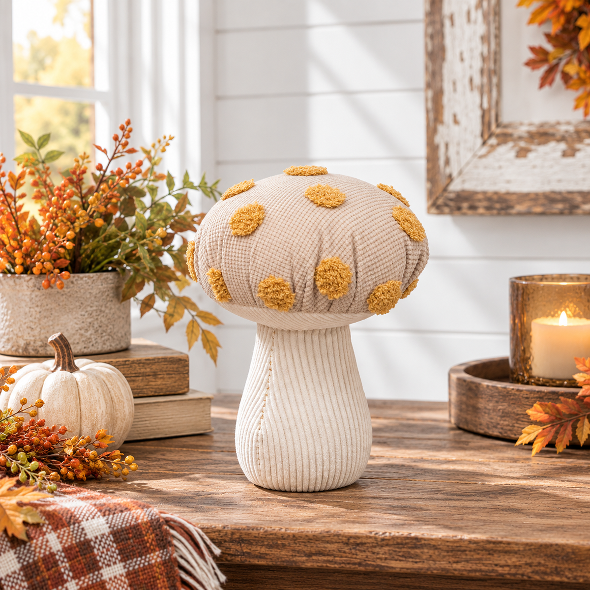 A mushroom-shaped decorative lamp or figurine with a ribbed cream base and a textured beige cap dotted with mustard-yellow pom-poms, styled on a wooden table in a warm autumn room setting.