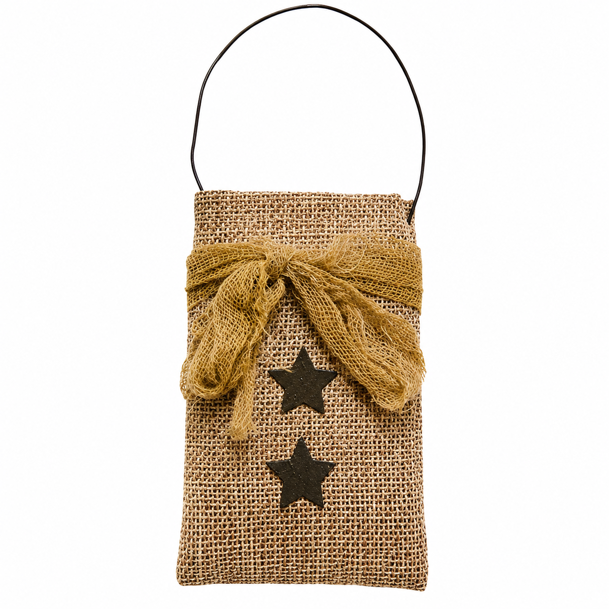 Natural burlap decorative bag featuring a black primitive star, tea-dyed ribbon, and wire hanger for country home decor