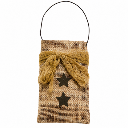 Natural burlap decorative bag featuring a black primitive star, tea-dyed ribbon, and wire hanger for country home decor