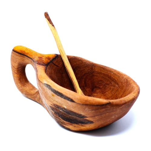 Handcrafted olive wood salt pot with matching spoon, made in Kenya.