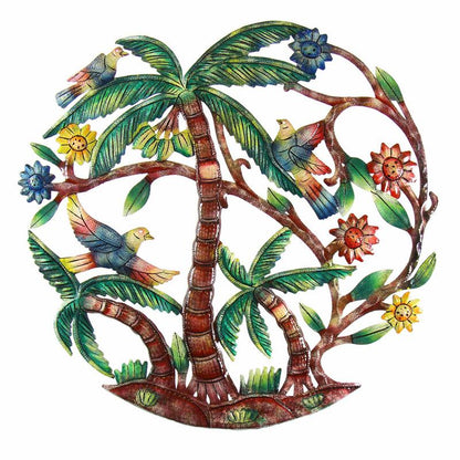 Hand-painted metal palm tree wall art, crafted from recycled steel drums in Haiti.