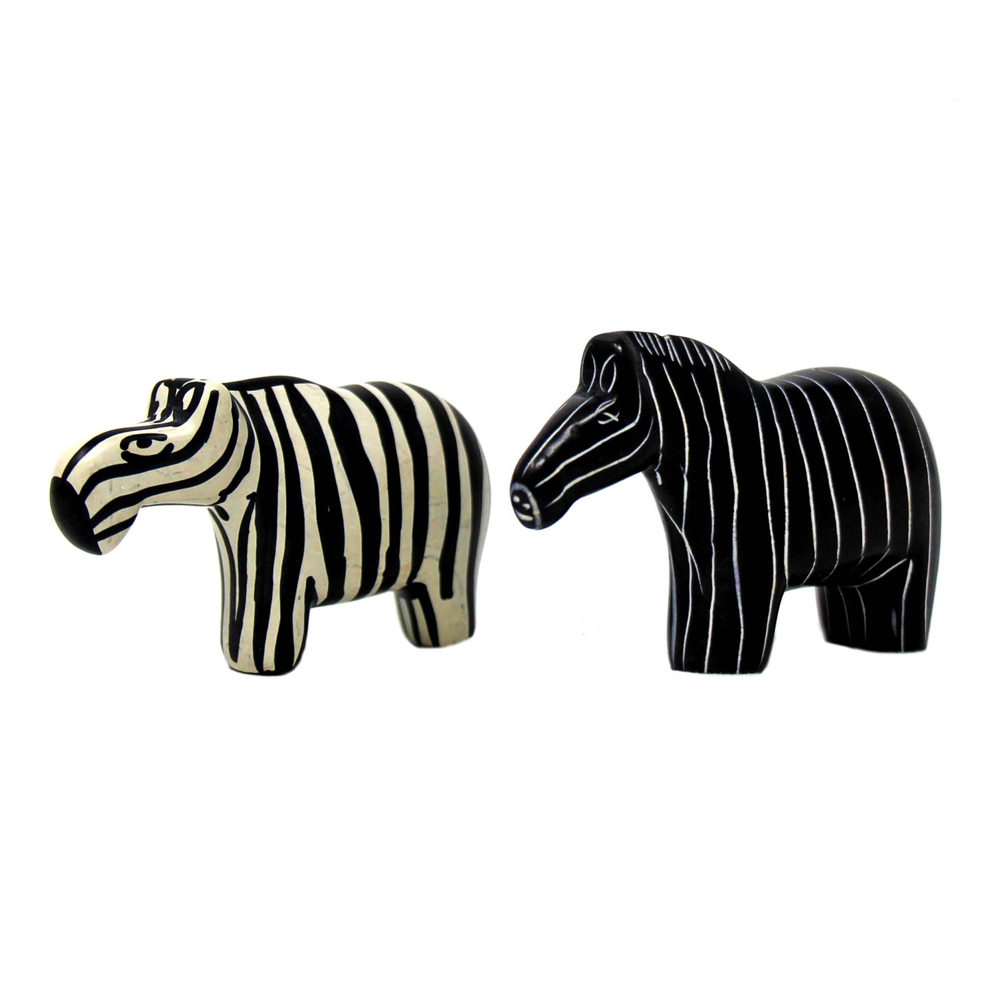 Compact zebra statues with smooth, waxed soapstone texture
