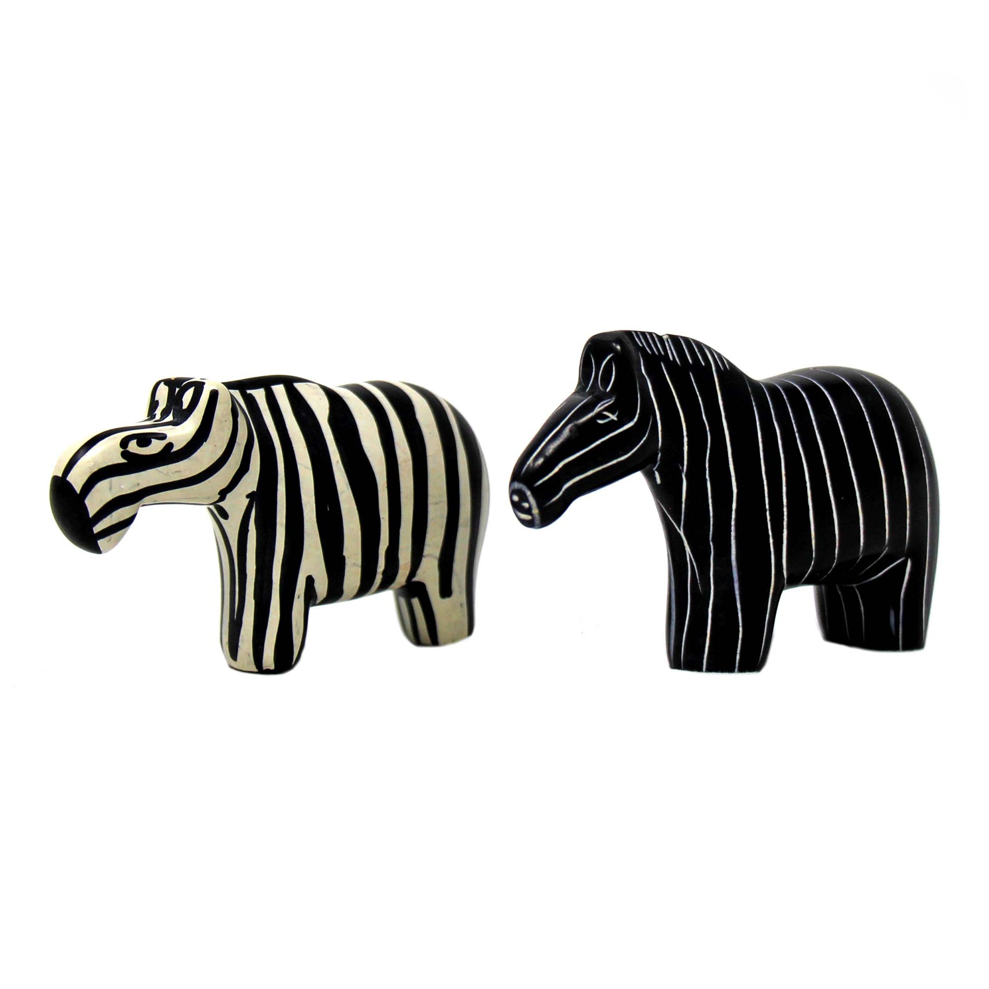 Compact zebra statues with smooth, waxed soapstone texture