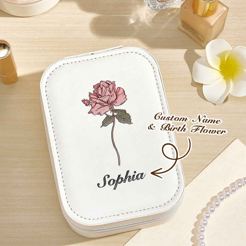 A top view of the white personalized jewelry box with an LED mirror, featuring a text overlay indicating that the name and birth flower are customizable.