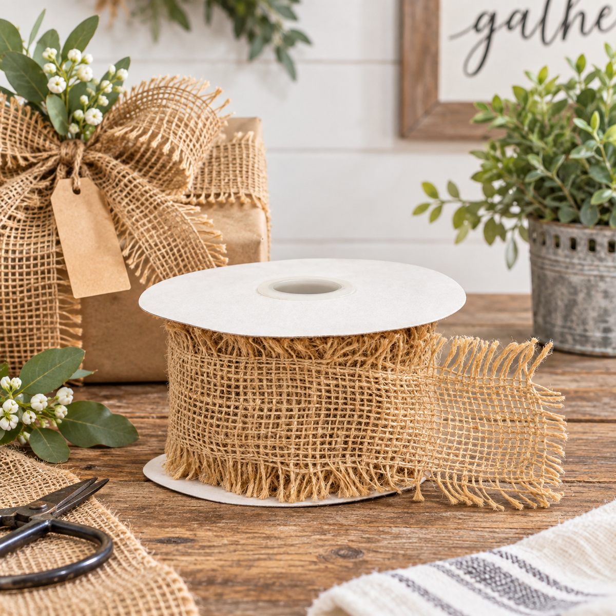 A spool of natural burlap ribbon with fringe edges, displayed on a rustic wooden table with a burlap-wrapped gift box and greenery in the background.