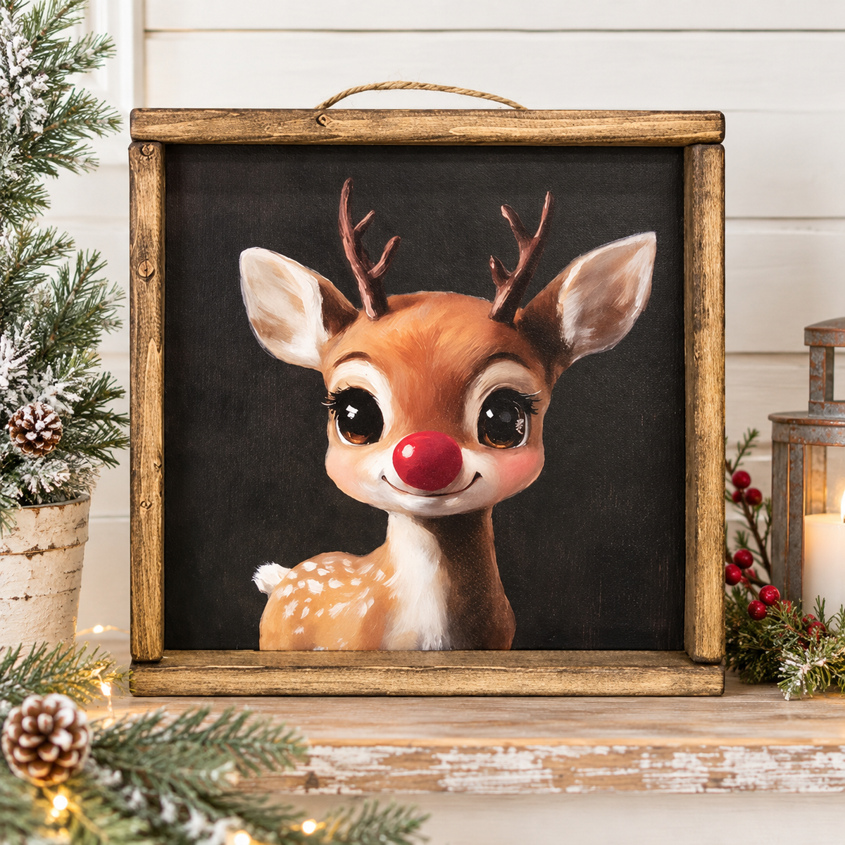 A square rustic wooden sign featuring a cute cartoon-style brown deer with antlers, large eyes, and a red nose on a dark background. The sign is displayed on a wooden shelf with holiday decorations including pine branches, a lantern, and a candle.