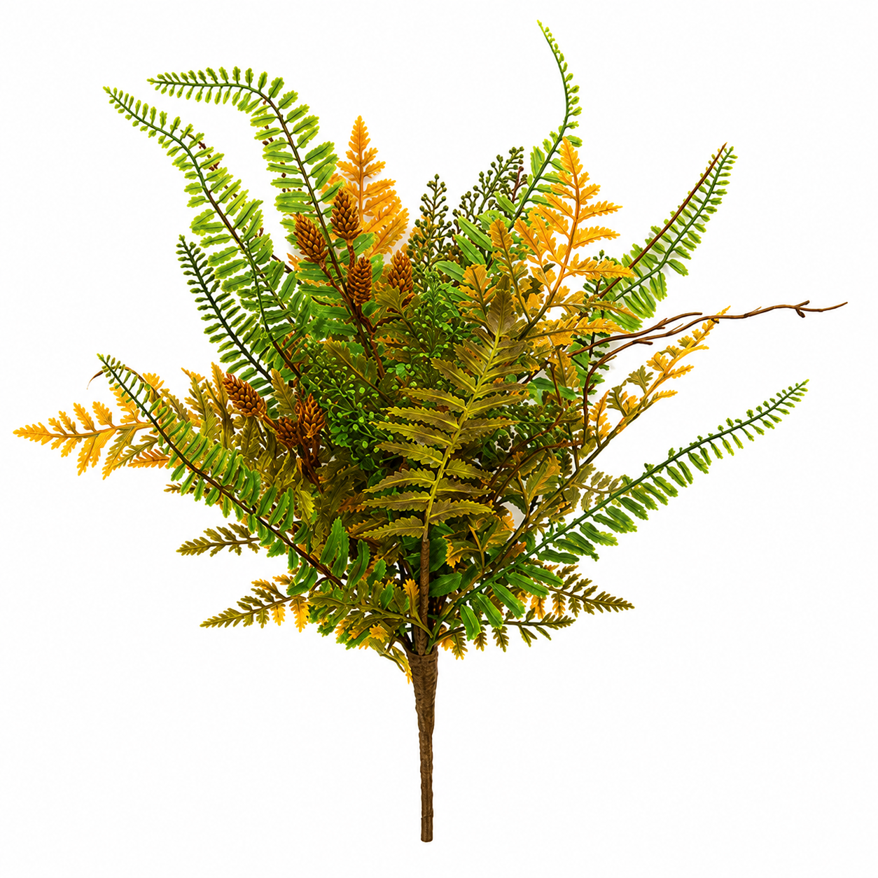 An artificial autumn fern bouquet with a mix of vibrant green, golden yellow, and orange-brown leaves on a single brown stem, isolated on a white background.