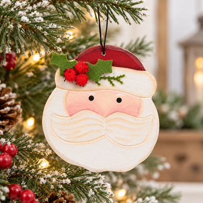 Hand Carved Wooden Santa Ornament - 3.75"