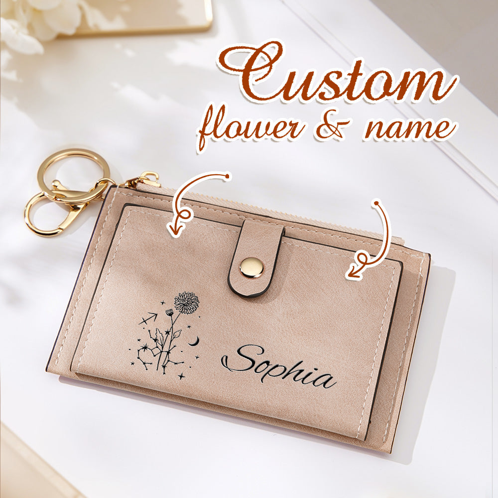 A close-up of the tan vegan leather wallet featuring an overlay indicating the option for personalized custom flower and name, ideal for those seeking a meaningful and stylish gift.