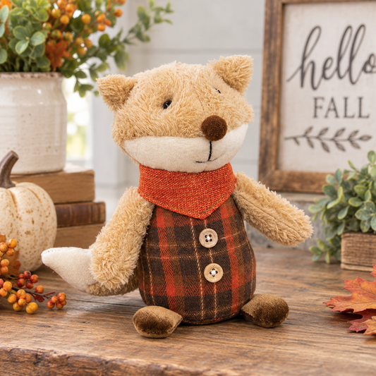 A plush fox toy sits on a wooden table in a fall-themed setting. The toy has tan fur, a cream muzzle and belly, and is dressed in an orange-brown plaid outfit with a rust-orange scarf.
