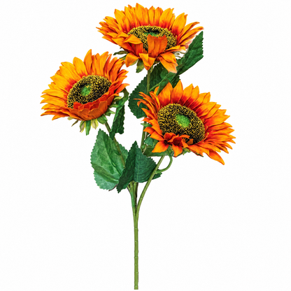 Three artificial orange and yellow sunflowers with green stems and leaves, isolated on a white background.