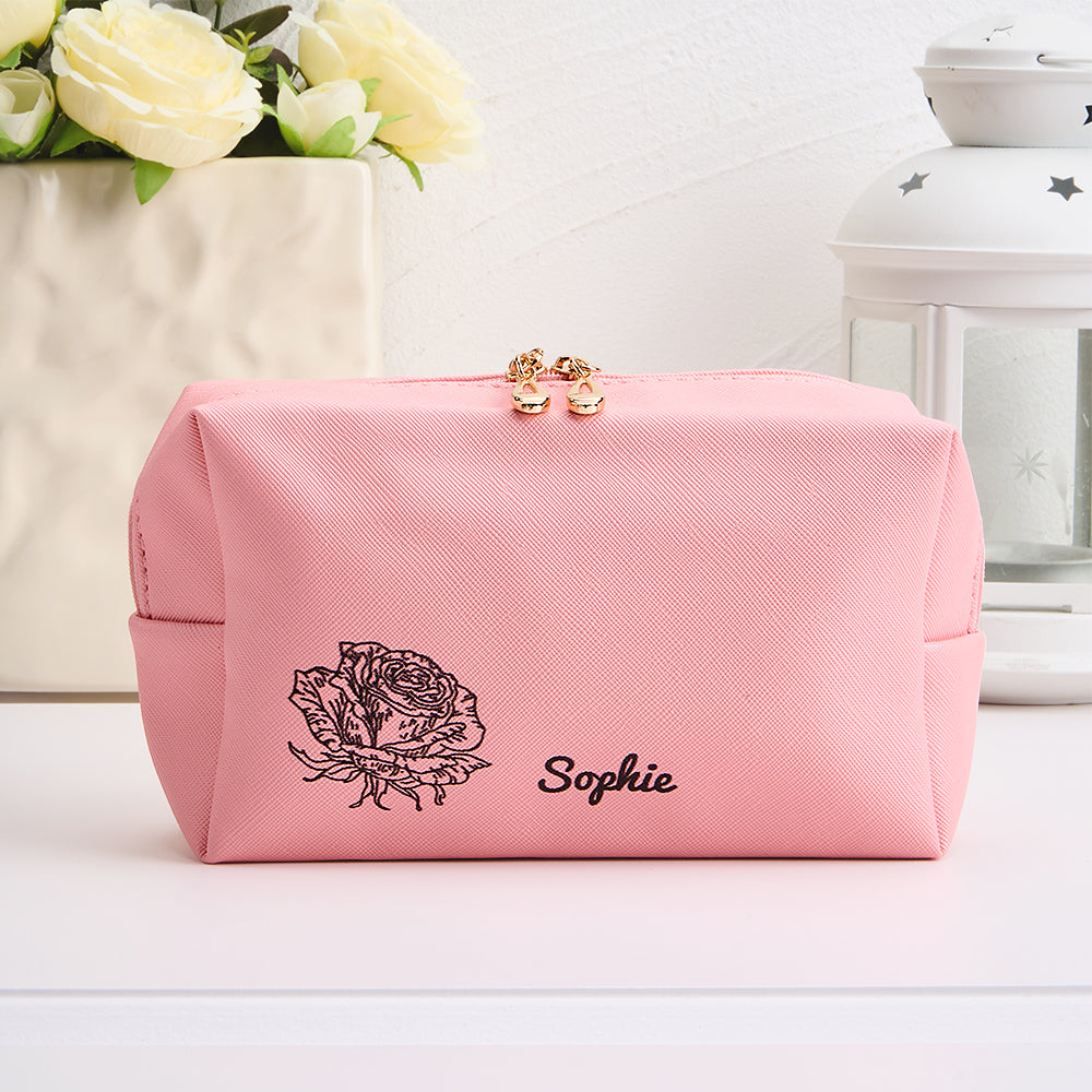 A close-up of the pink bag, highlighting the material and the personalized design.