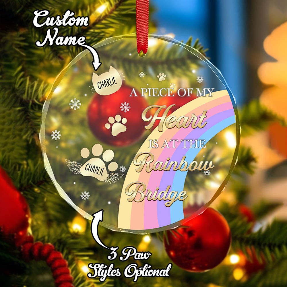 A front view of the Rainbow Bridge memorial ornament showcasing different design variations, including personalized pet names and various paw print styles.