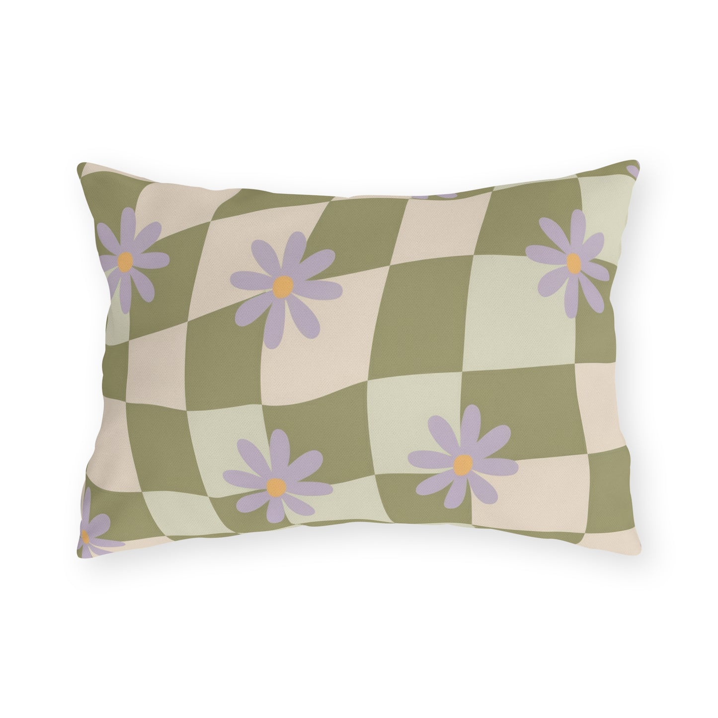 Floral outdoor lumbar pillow with green checkered background and bright garden-inspired blooms, styled for patio seating decor