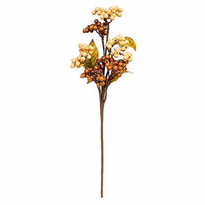 An artificial autumn berry branch with clusters of cream-colored berries, brown seed pods, and small green leaves on a brown stem, isolated on a white background.