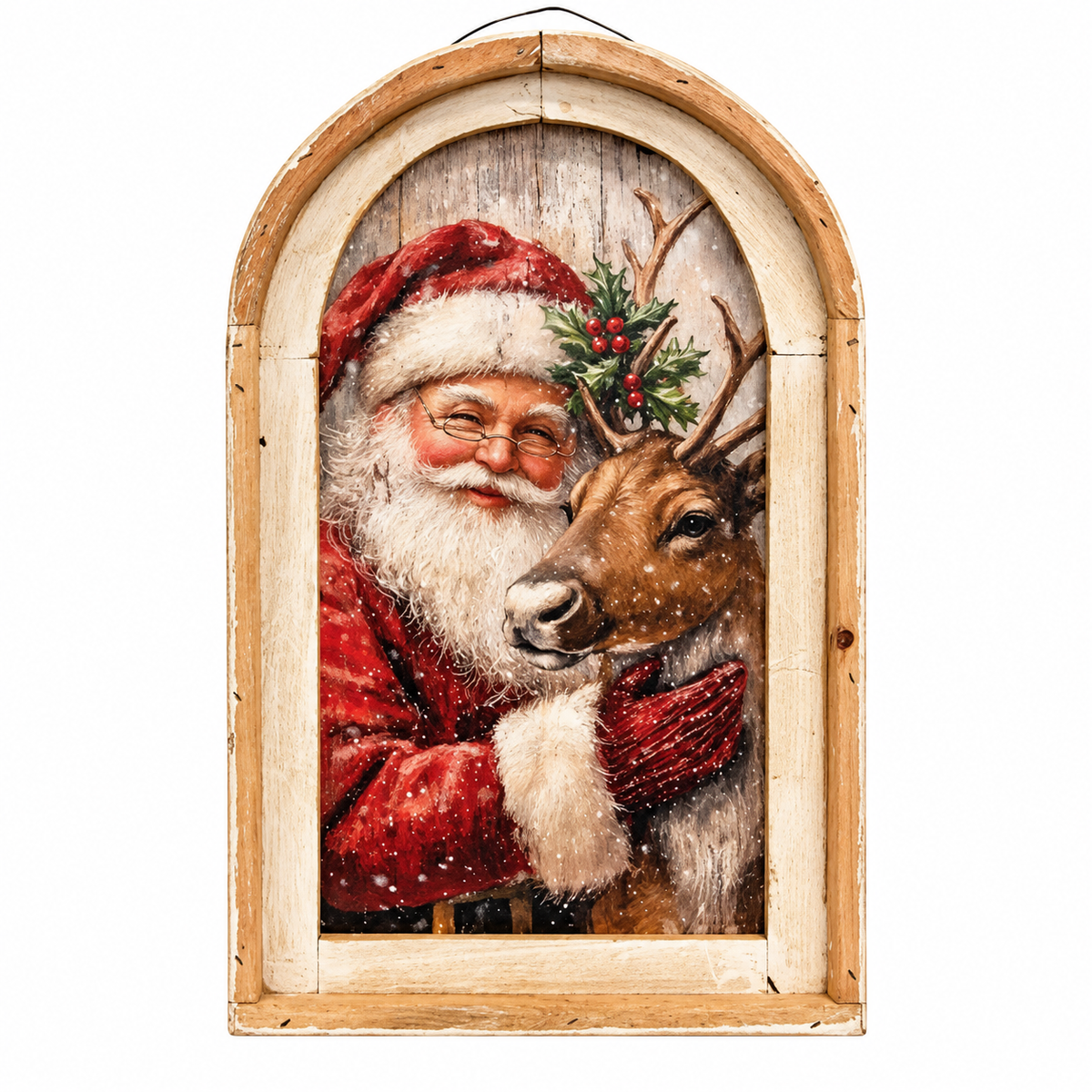 Arched wooden wall art featuring a painted Santa Claus hugging a reindeer with snowflakes and a small wreath, set in a rustic natural wood frame on a white background.