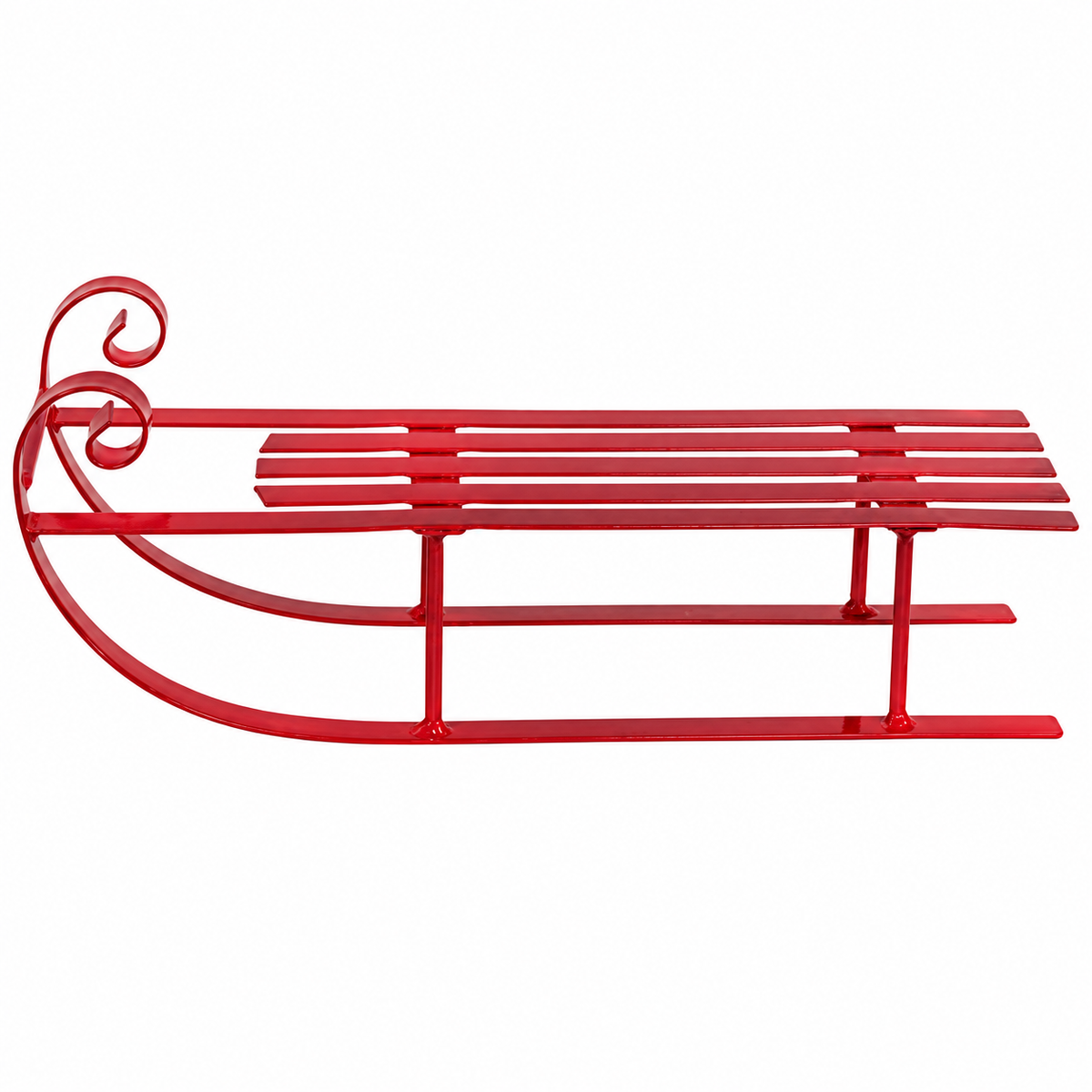 A red metal sleigh decoration with a curved scroll handle and horizontal slats, shown against a plain white background.
