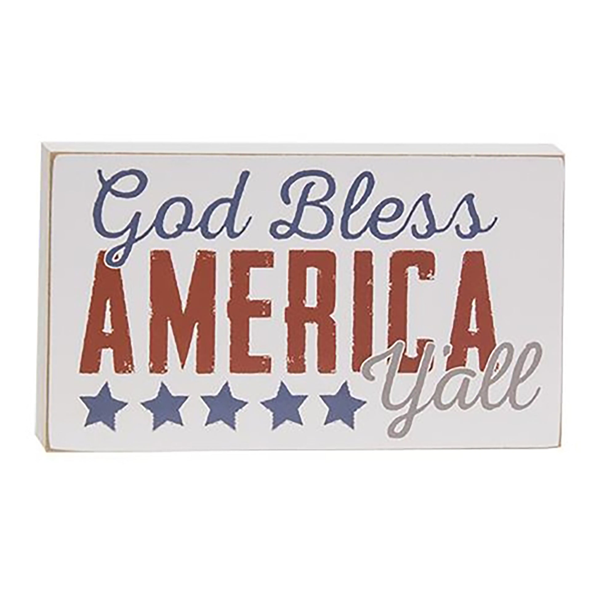 White wooden patriotic block sign with “God Bless America Y’all” text and blue stars, freestanding or wall-hanging décor