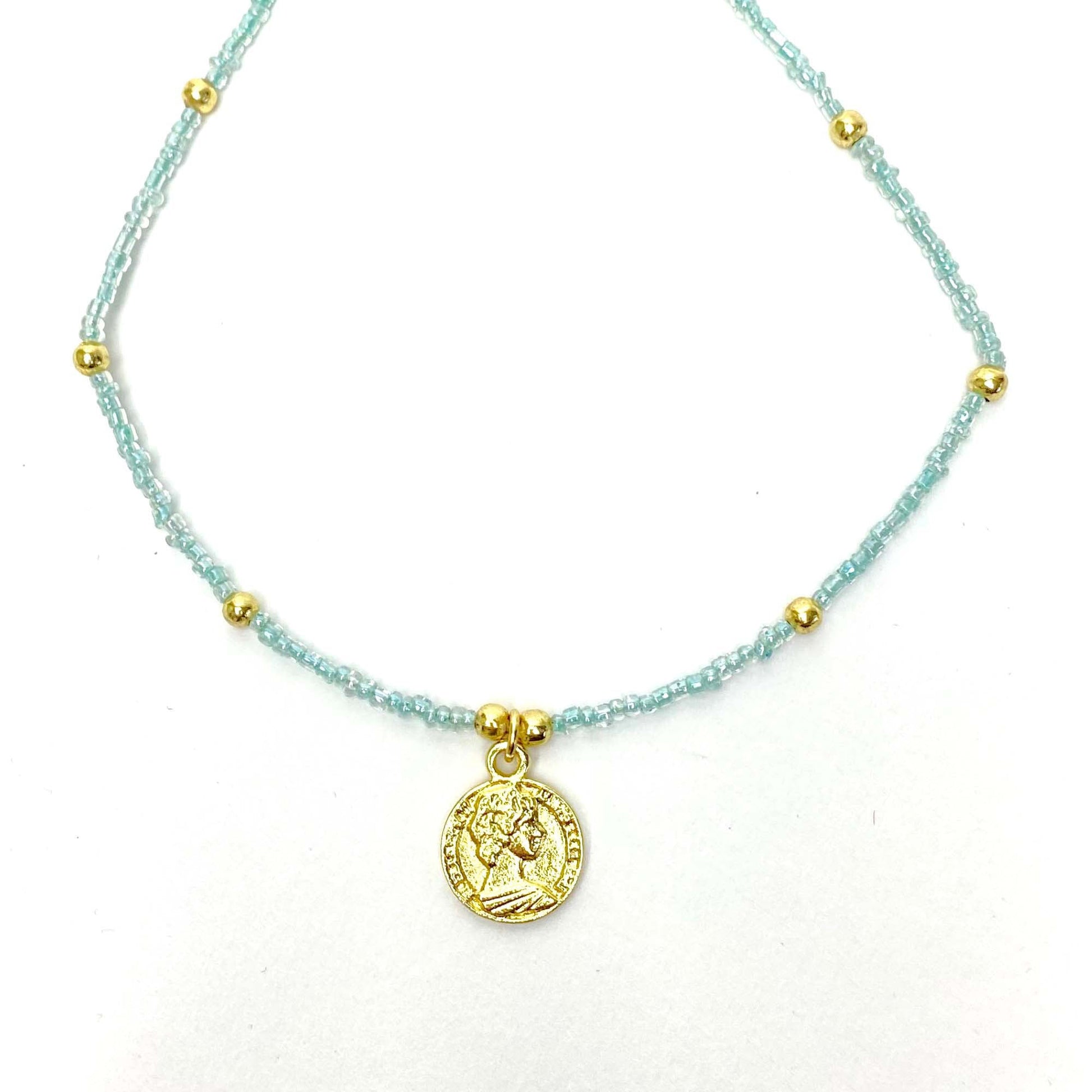 Baby blue beaded choker with handcrafted brass coin pendant