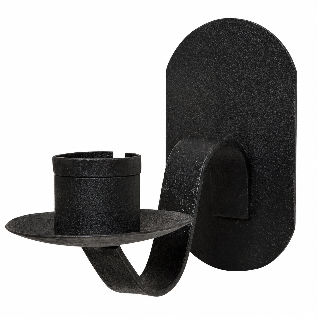 Small black metal wall candleholder with a hanging back and simple iron design for displaying beside artwork or wall accents.