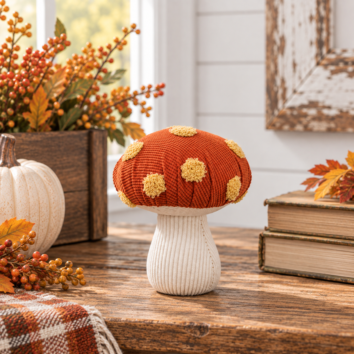 A decorative mushroom figurine with a rust-orange textured cap, yellow tufts, and a ribbed off-white stem, displayed on a wooden table in a cozy autumn-themed room setting.