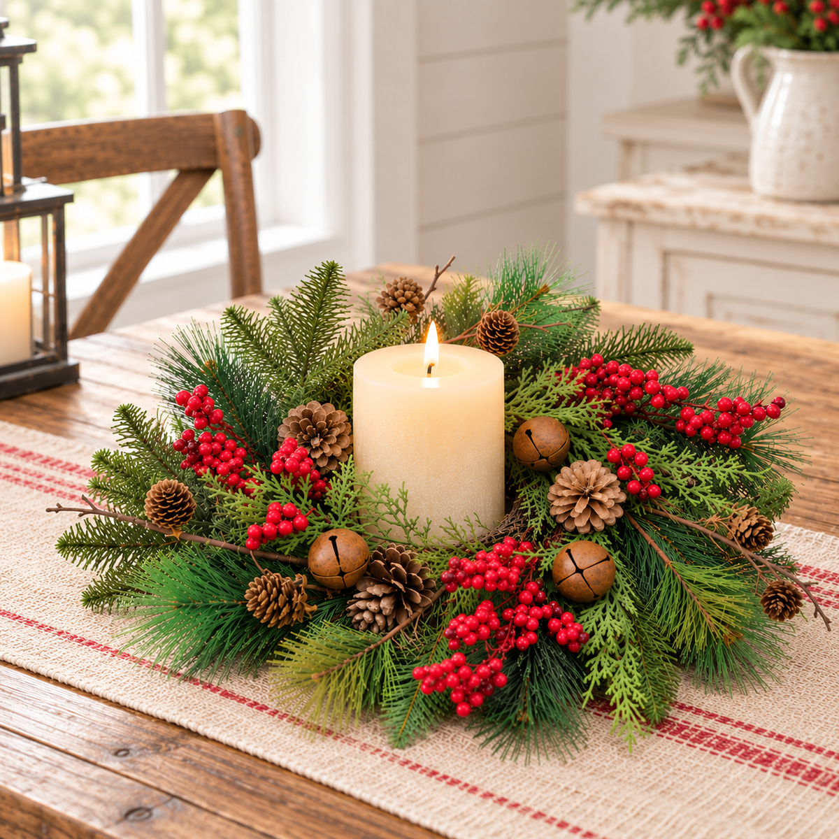 A festive Christmas wreath centerpiece on a wooden table, featuring a lit white pillar candle surrounded by green pine branches, red berries, pinecones, and small gold bells.