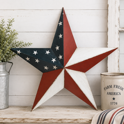 18 inch Americana metal barn star with distressed American flag finish for rustic farmhouse patriotic wall decor