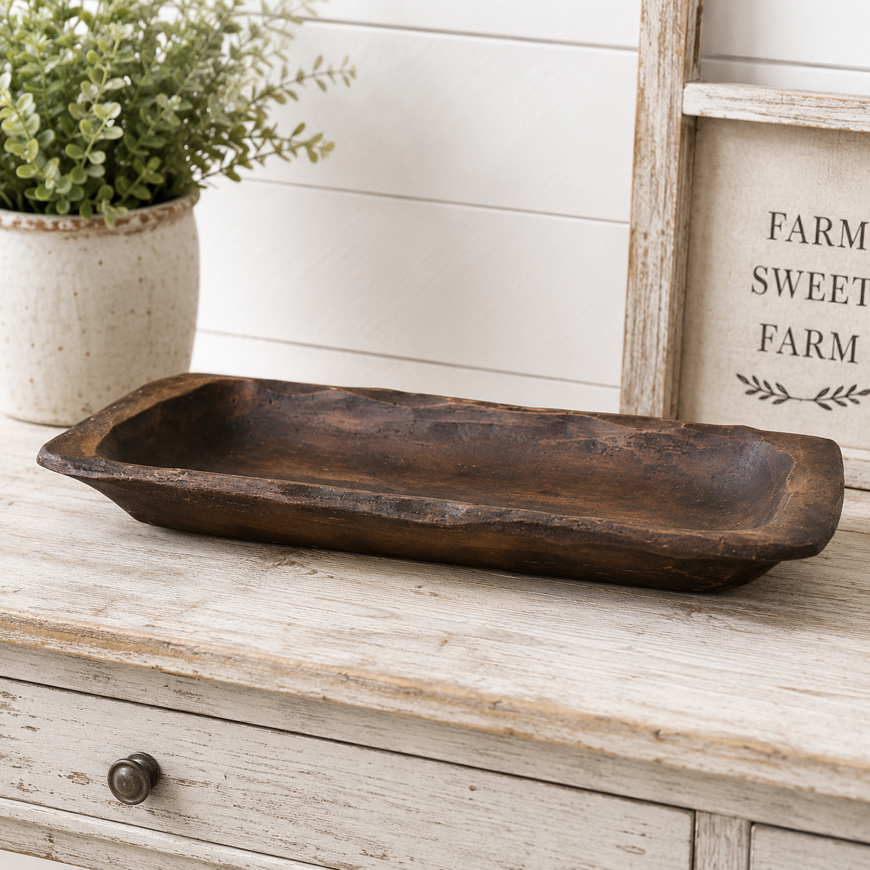 Primitive resin treenware tray with handles featuring a realistic wood grain texture and deep walnut finish for rustic country farmhouse décor