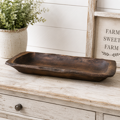 Primitive resin treenware tray with handles featuring a realistic wood grain texture and deep walnut finish for rustic country farmhouse décor
